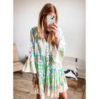 Miduo Womens Summer Dress Casual V Neck Buttoned 3/4 Sleeve Bohemian Tribal Print Flowy Mini Dresses