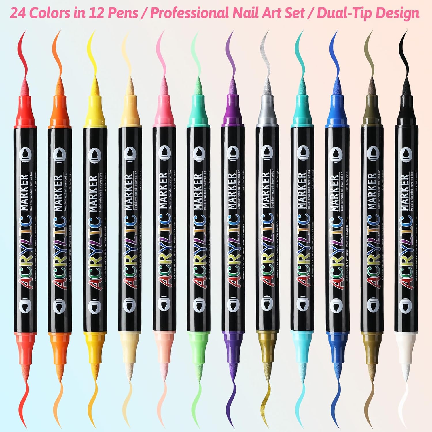 24 Colors Nail Art Markers Pens Set (12Pcs-Dual), Acrylic Nail Art Marker, 3D Dotting Liner Brush Quick-Drying Fine Tip Nail Polish Pen for DIY Home Salon, Beginners Manicure Drawing Tools