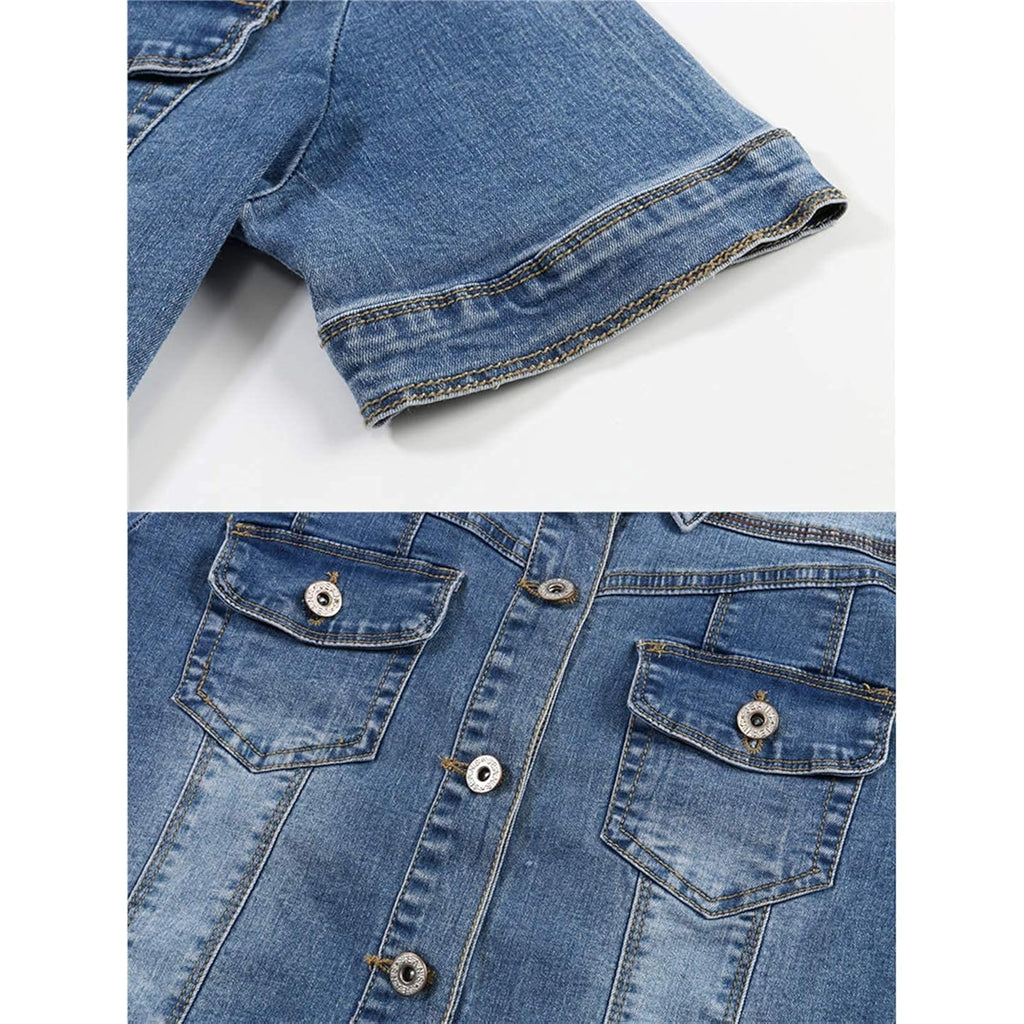 Women'S Summer Short Sleeve Crop Denim Trucker Jacket Jean Coat Tops
