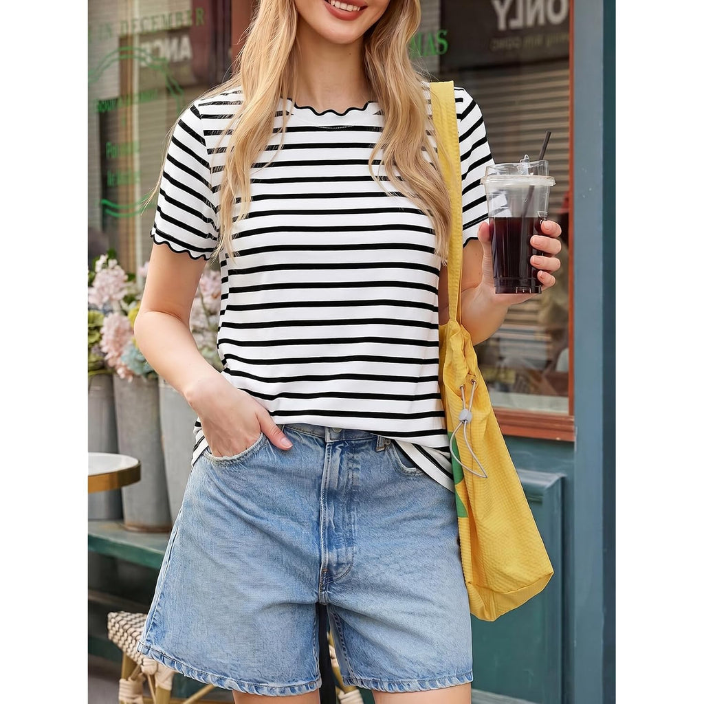 Tankaneo Womens Short Sleeve Striped Tshirts Summer Color Block Scalloped Tops Trendy Casual Basic Tee Shirts