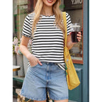 Tankaneo Womens Short Sleeve Striped Tshirts Summer Color Block Scalloped Tops Trendy Casual Basic Tee Shirts