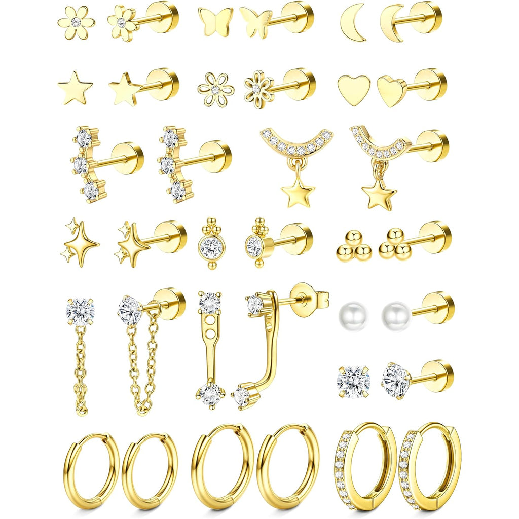 Hypoallergenic Flat Back Earrings 14K Gold Plated Cartilage Earring Stacks for Sensitive Ears Surgical Steel Small Huggie Hoops Flatback Stud Earrings Set for Multiple Piercing Jewelry Gift for Women