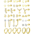 Hypoallergenic Flat Back Earrings 14K Gold Plated Cartilage Earring Stacks for Sensitive Ears Surgical Steel Small Huggie Hoops Flatback Stud Earrings Set for Multiple Piercing Jewelry Gift for Women