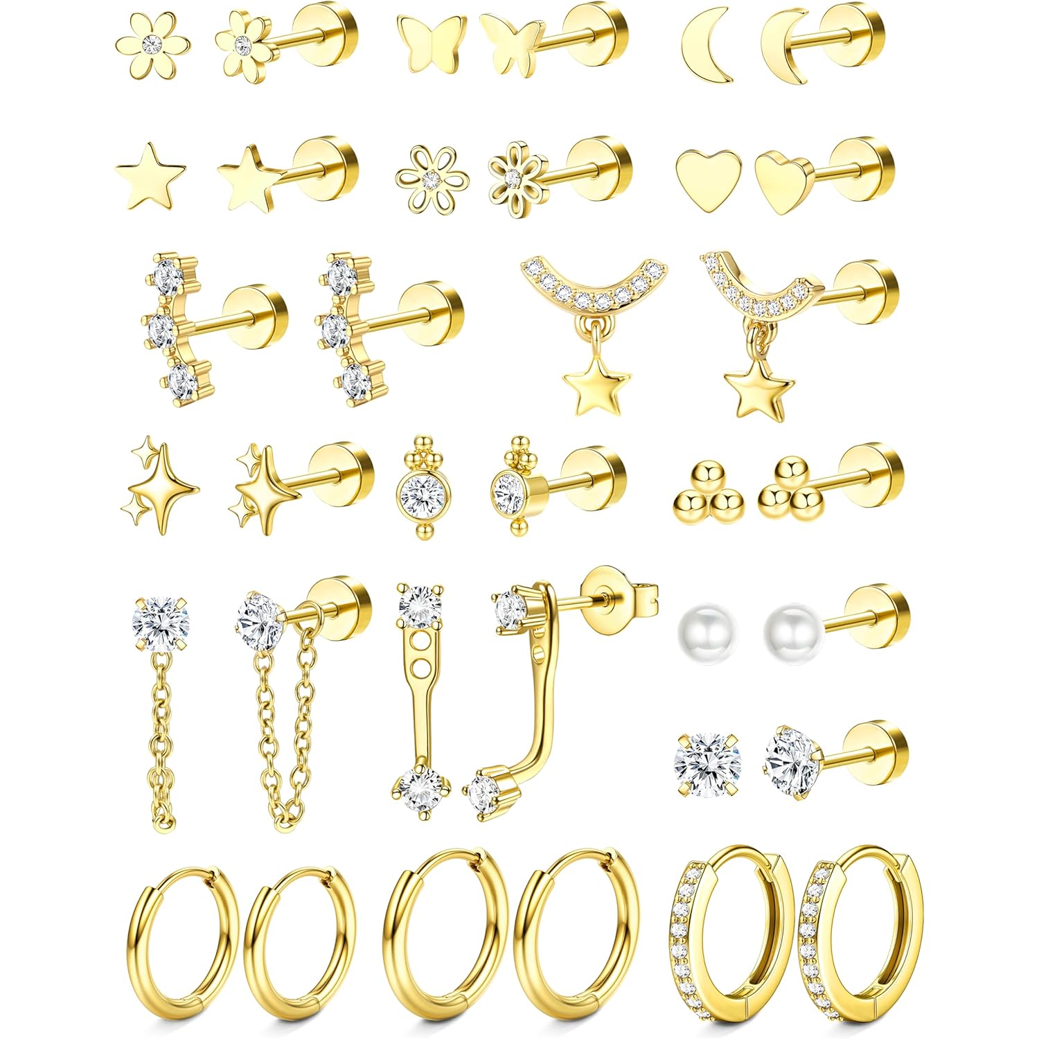 Hypoallergenic Flat Back Earrings 14K Gold Plated Cartilage Earring Stacks for Sensitive Ears Surgical Steel Small Huggie Hoops Flatback Stud Earrings Set for Multiple Piercing Jewelry Gift for Women