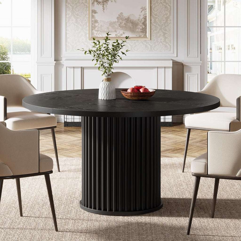 Tribesigns 47.24-Inch Black Round Dining Table For 4-6 People, Modern Fluted Mdf + Metal Base Kitchen Table, Sturdy Circle Dining Room Furniture, Black