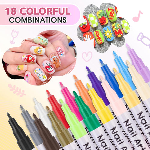 18 Colors Nail Art Pens, 0.5 mm Nail Polish Pens,Nail Painting Graffiti Dotted Lines, DIY Nail Art Markers for Home Salon, Cute and Quick Drying Nail Art Decoration Tools Set