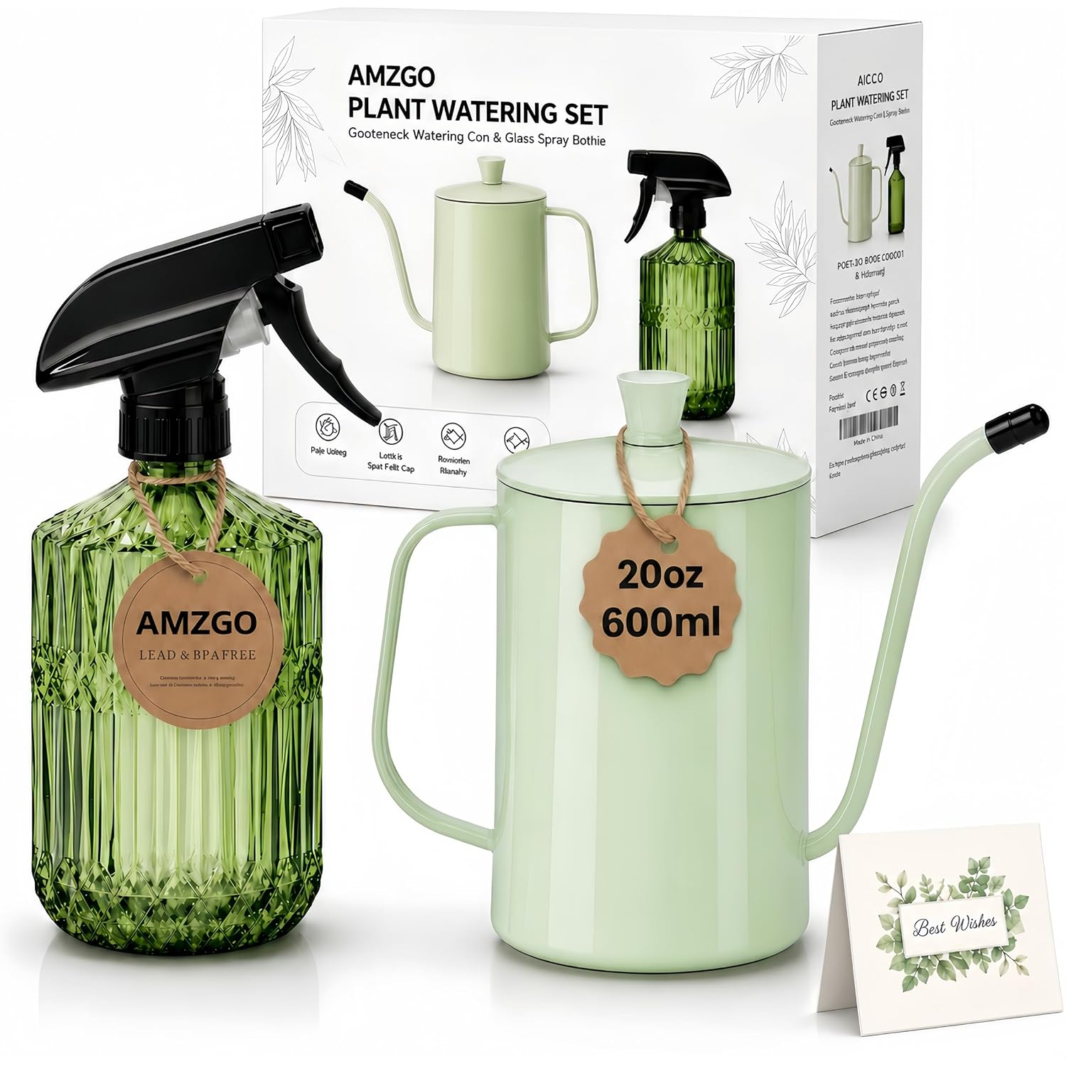 2 Pack Small Watering Can For Indoor Plants, 20 Oz Metal Plant Watering Can With Long Spout For House Plants, 13.5 Oz Glass Plant Mister Spray Bottle For Bonsai Garden Flowers Decorative