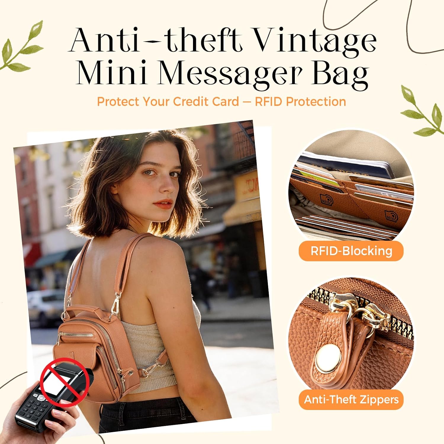 Vegan Leather Crossbody Bag For Women With 2 Straps, Small Messenger Bag With Anti Theft Zipper Pocket Vintage Shoulder Bag