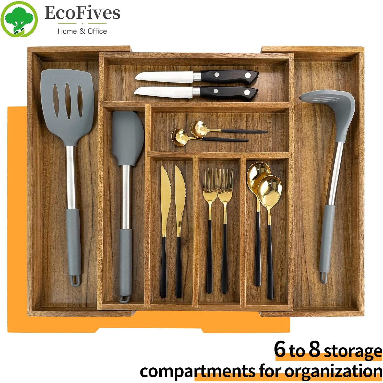 Luxury Acacia Kitchen Drawer Organizer - Silverware Organizer - Utensil Holder And Cutlery Tray With Grooved Drawer Dividers For Flatware And Kitchen Utensils (8 Slot), 17*12.4*2 Inch