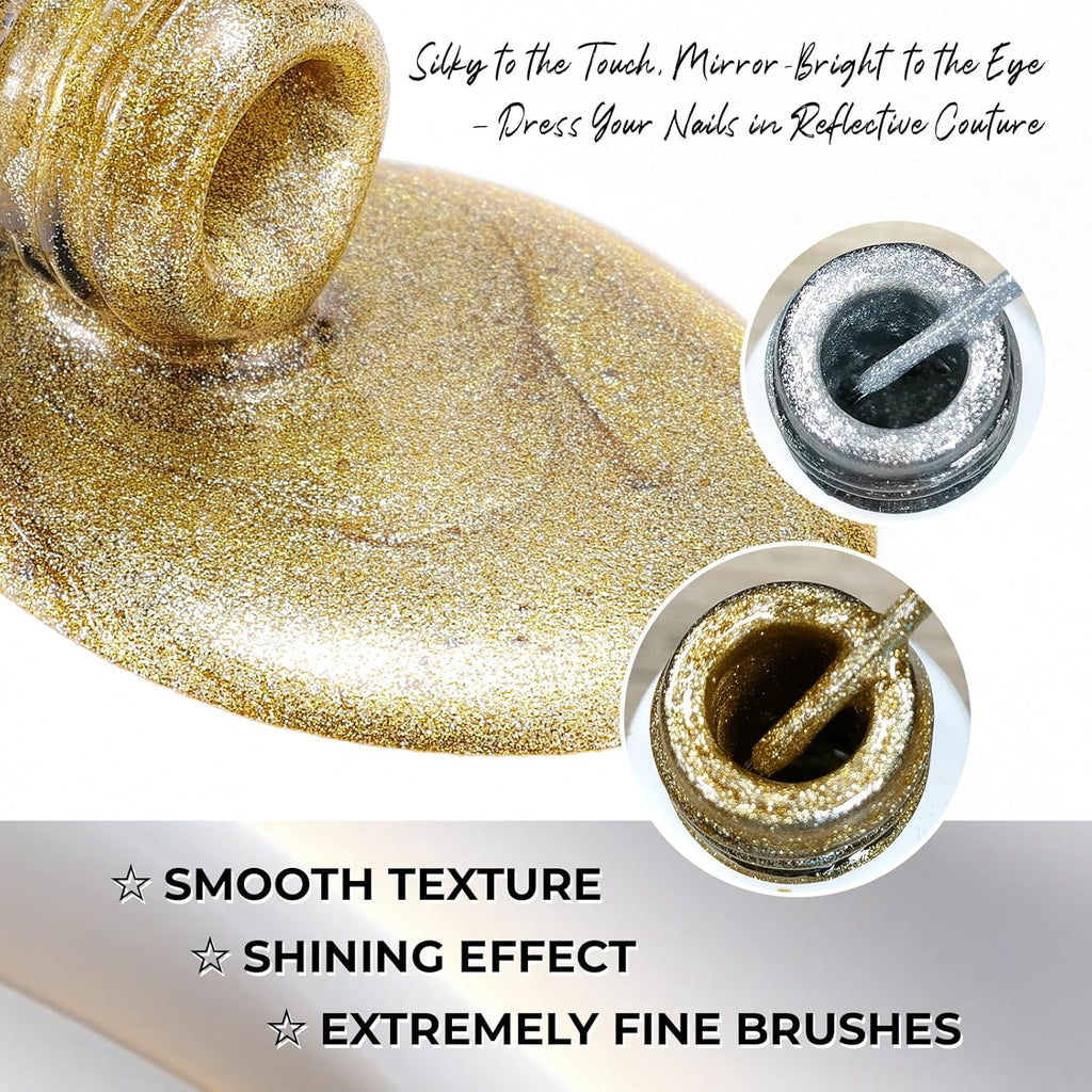 Hema Free Metallic Mirror Painting Gel Nail Polish, Glitter Silver & Gold Metal Painted Drawing Gel with Brush Chrome Gel Polish 2pcs 6ml Set 3D Effect Curing Requires Home Nail Art DIY