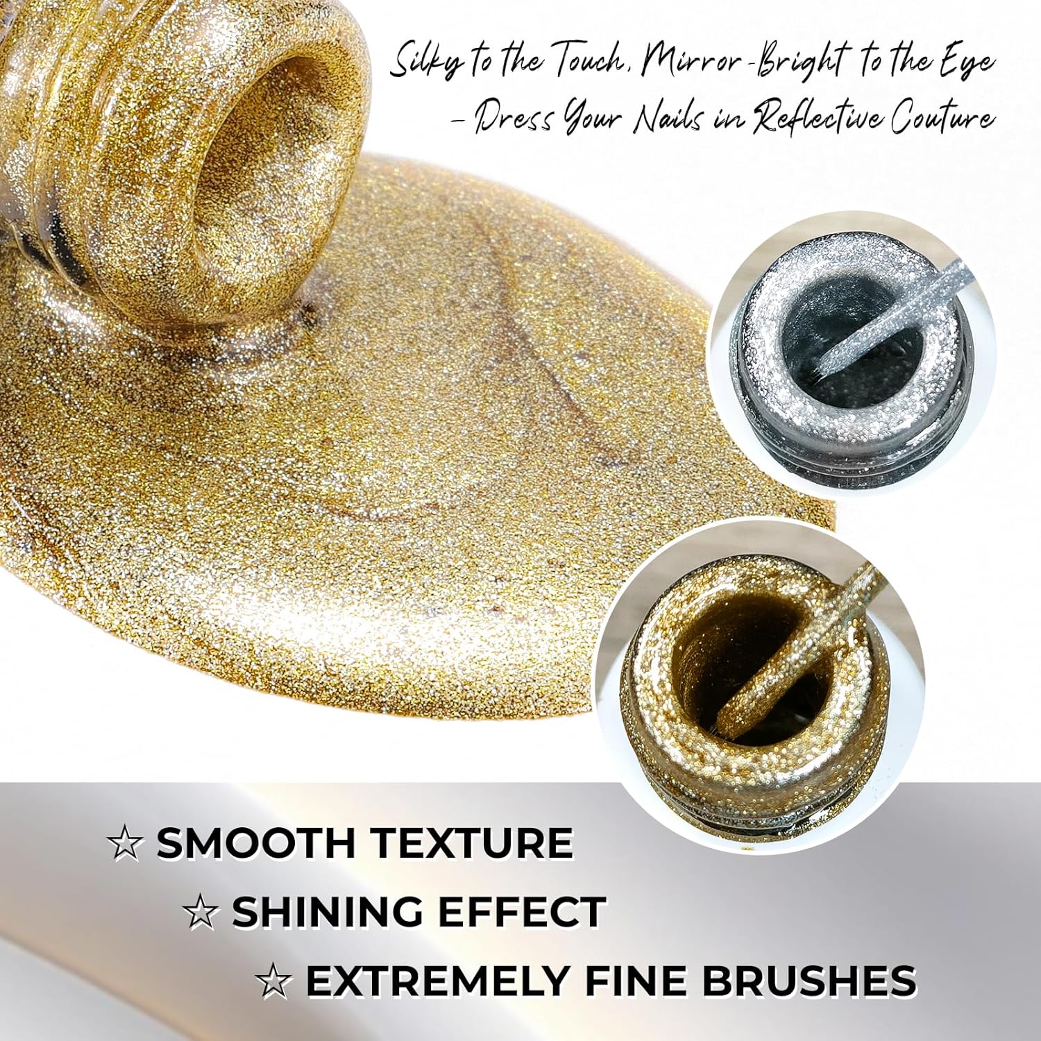Hema Free Metallic Mirror Painting Gel Nail Polish, Glitter Silver & Gold Metal Painted Drawing Gel with Brush Chrome Gel Polish 2pcs 6ml Set 3D Effect Curing Requires Home Nail Art DIY