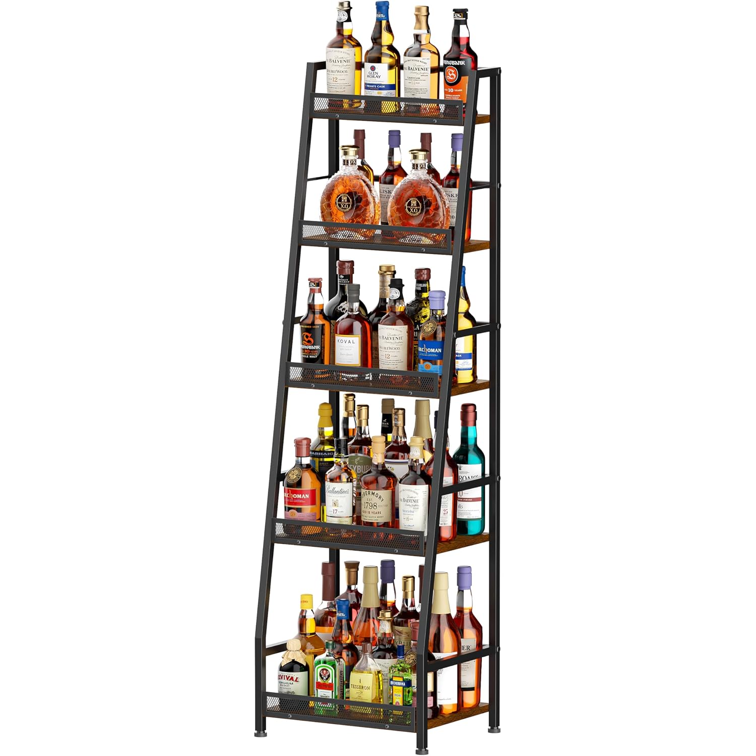 5-Tier Trapezoid Liquor Stand For Home Bar, Large-Capacity Liquor Cabinet Bar For Home, Stepped Wine Rack Freestanding Floor For Whiskey, Corner Wine Bottle Display Shelf With Fences For Living Room