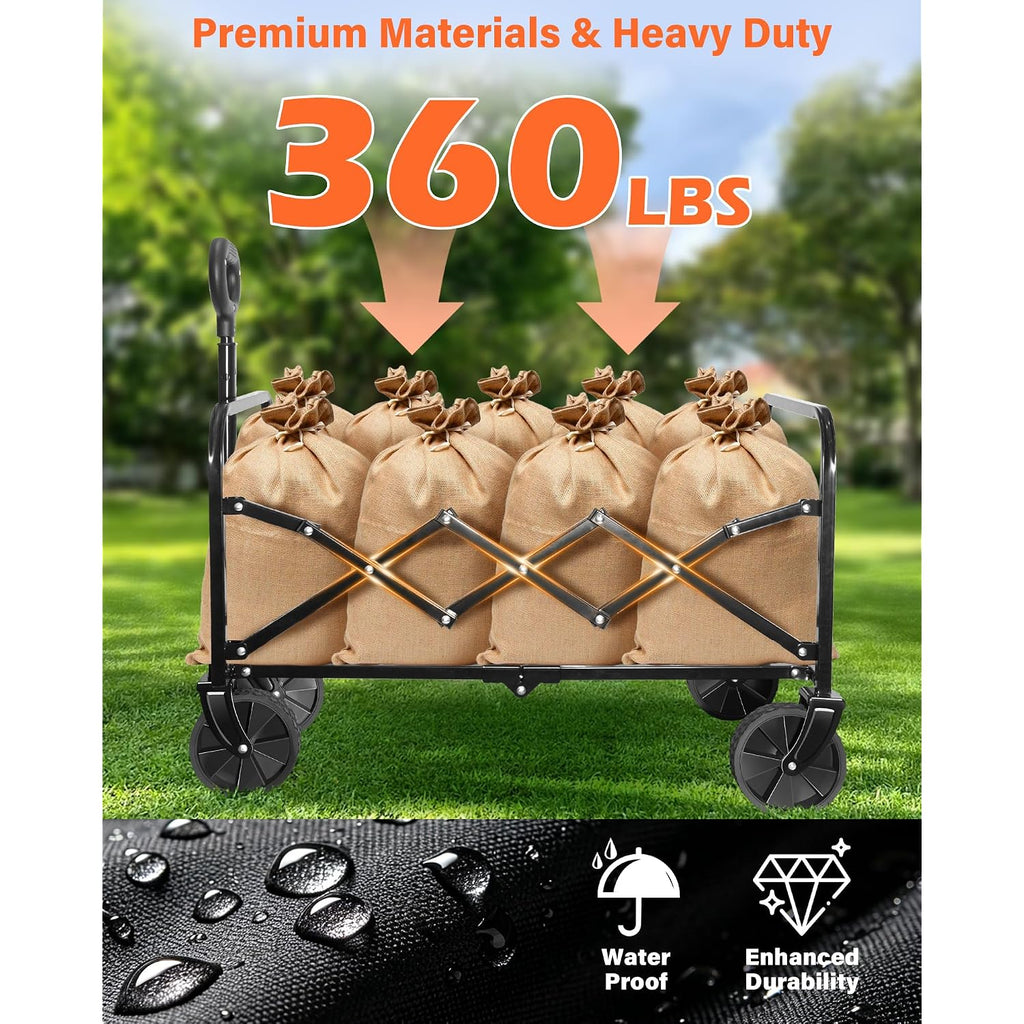 Wagons Carts Foldable, Collapsible Wagon, Foldable Wagon Cart With Wheels, Folding Wagons For Beach Camp Sports Garden, 2 Cup Holders/Lightweight Portable/Black/360 Lbs