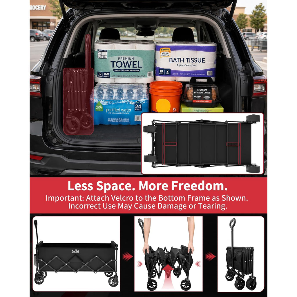 34" Extra Long Foldable Wagon With All-Terrain Wheels, 260 Lbs Capacity Collapsible Utility Cart For Grocery Shopping, Apartment Moving, Camping, Picnic, Sports (Black)