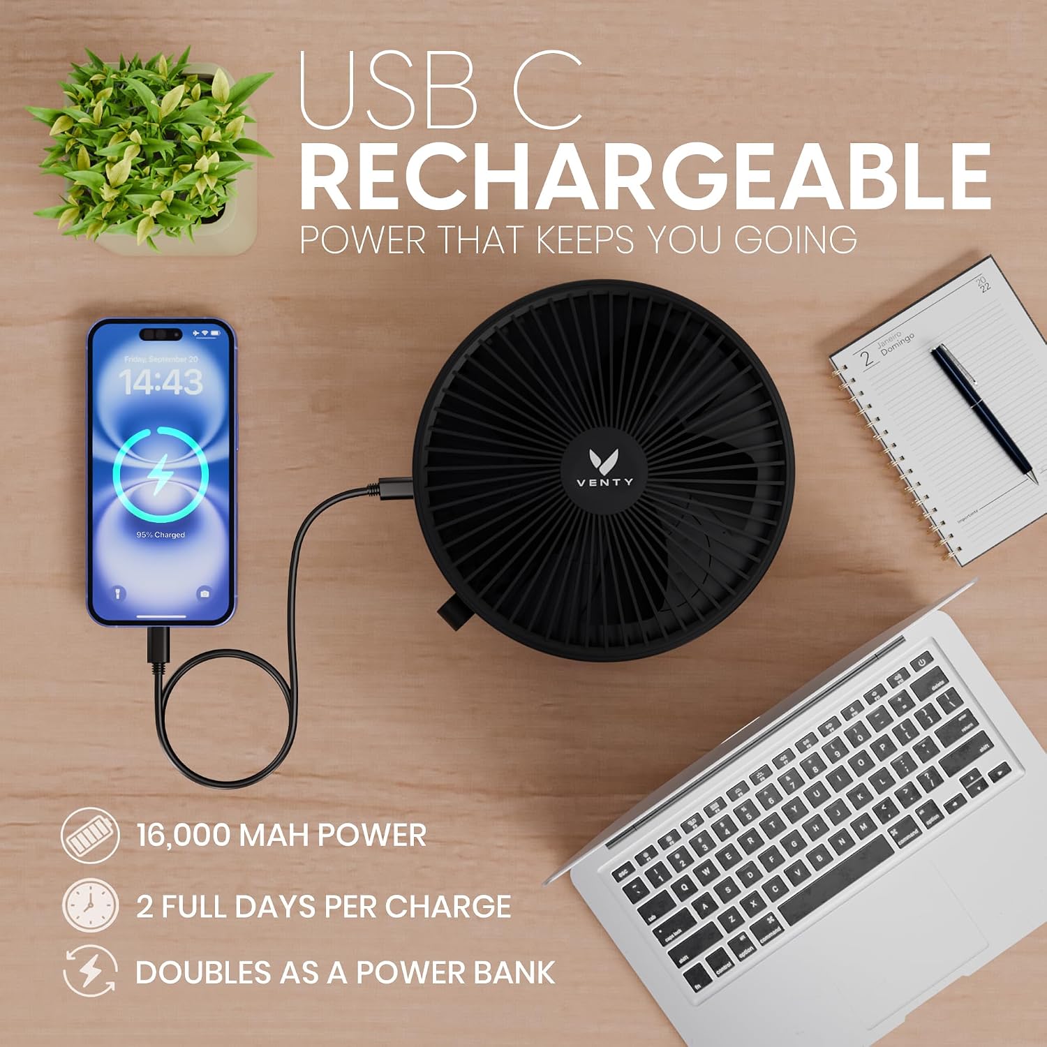 Venty Portable Fan - Wireless Battery Operated Fan - 4 Speeds - Led Lighting - Carry Case & Remote Control - Cruise Travel - Outdoor Travel Rv Power Bank With Usb-C Port (Black With Case)