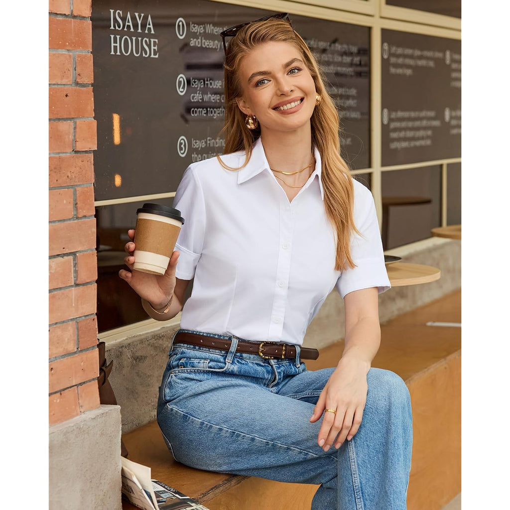 Siliteelon Short Sleeve Button Dress Shirts For Women Cotton Button Down Shirts For Women Slim Fit Blouse Top 3/4 Sleeve
