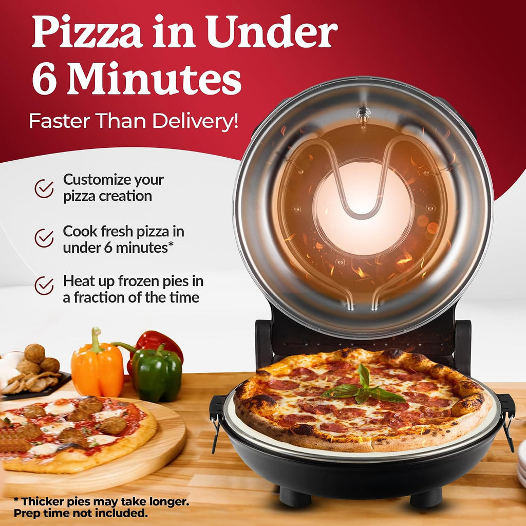 Piezano 12" Electric Pizza Oven Indoor Countertop Pizza Maker | Heats To 800˚F, Ceramic Stone For Crispy Crust Pizza, Cooks In Under 6 Minutes, Dual Heat Controls, Peels & Scraper Included