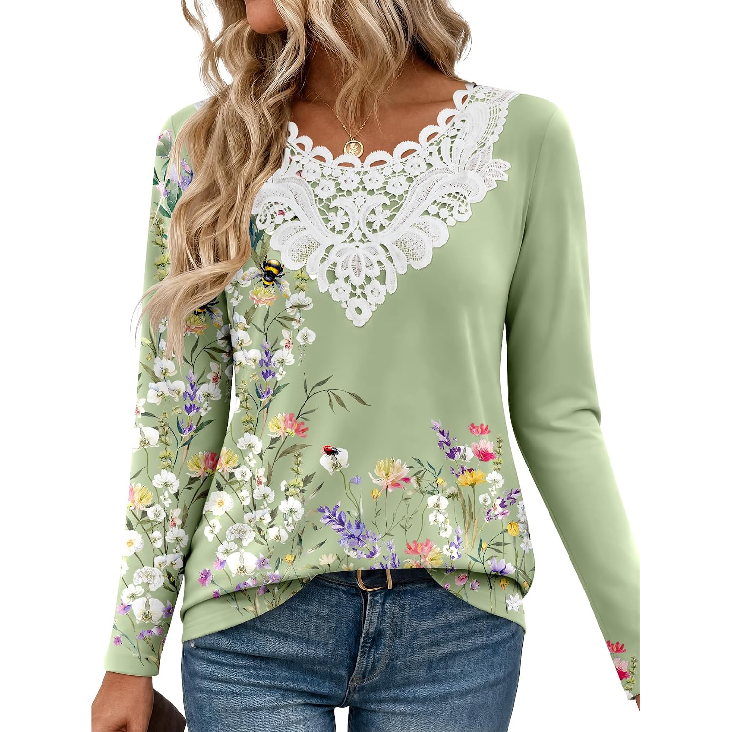 Anrabess Women'S Lace Front Long Sleeve Tunic Tops | Scalloped V Neck Floral Print Shirts, Soft Regular Fit Blouses, Business Office Travel Outfits, Dressy Casual, Fall & Winter