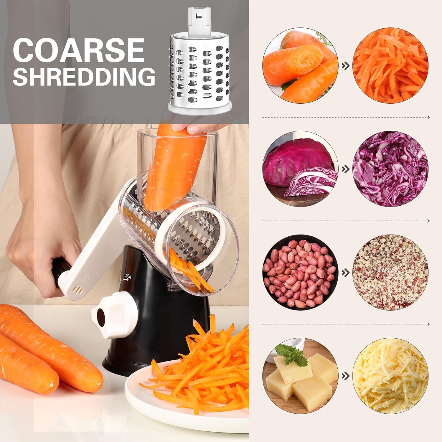 Cambom Rotary Cheese Grater Hand Crank Cheese Shredder For Fresh Cheese, Vegetable, Nuts,Non-Slip Suction Base, Three Blades, Black