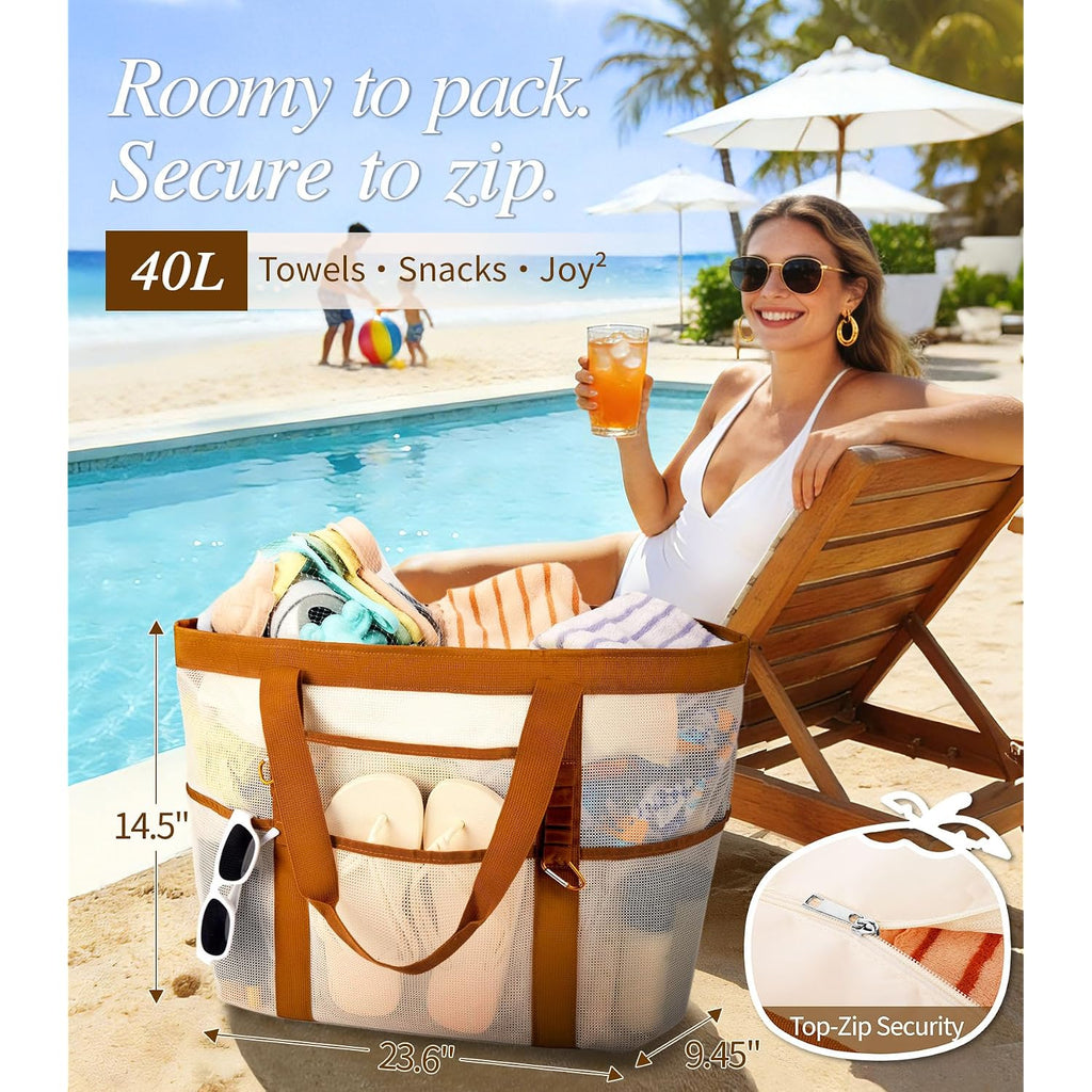 2026 Stylish & Spacious Xx-Large Beach Bag For Women – Mesh × Canvas Tote With Top Zipper, 11 Tall Pockets | 40L+ Spacious