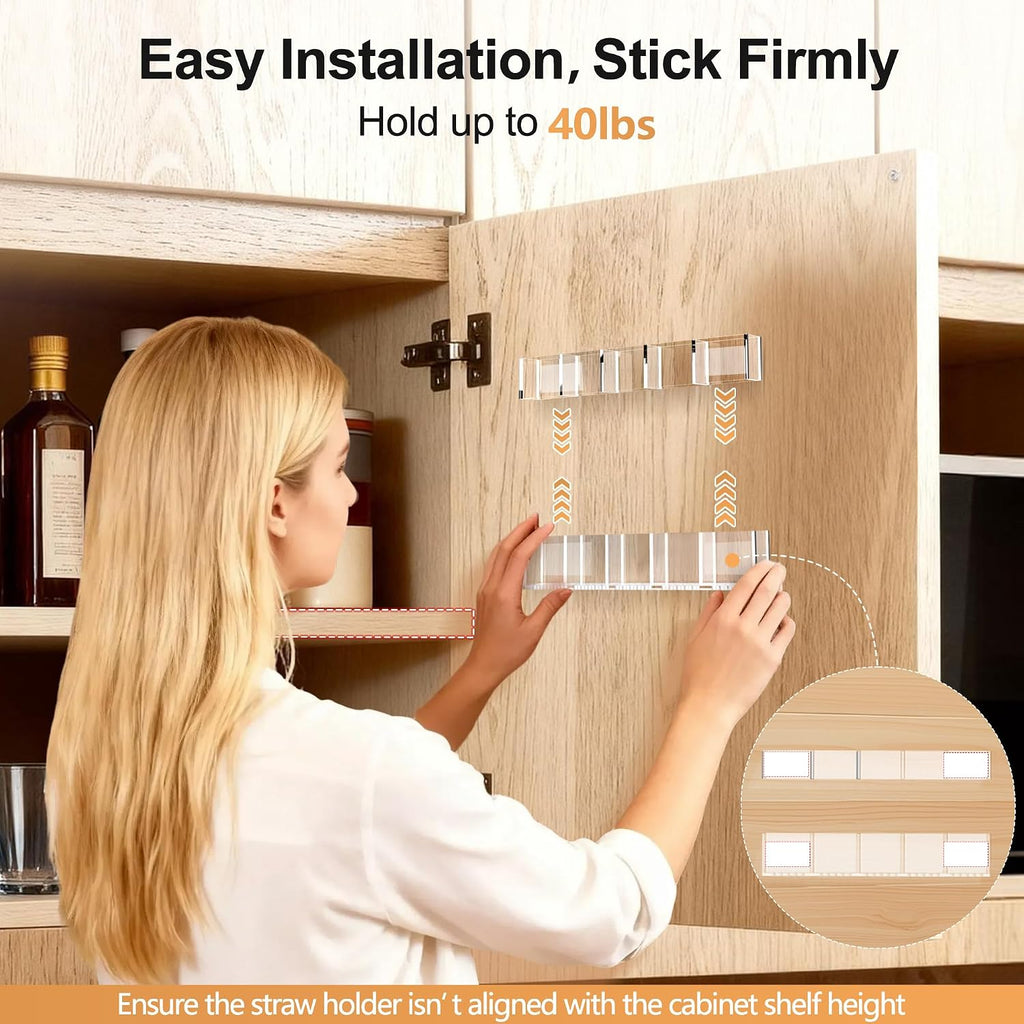 9.5” Large Acrylic Straw Holder For Cabinet Door, Reusable Adjustable Two-Part Straws Organizer With Ultra Sticky Adhesive Strips, 2026 Straw Storage For Kitchen Cupboard (Transparent)