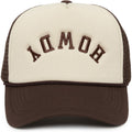 Funky Junque Premium Mesh Snapback Trucker Hat - Stylish Comfort for All - Patriotic, Humor & More Howdy (Upside Down) - Brown/Beige