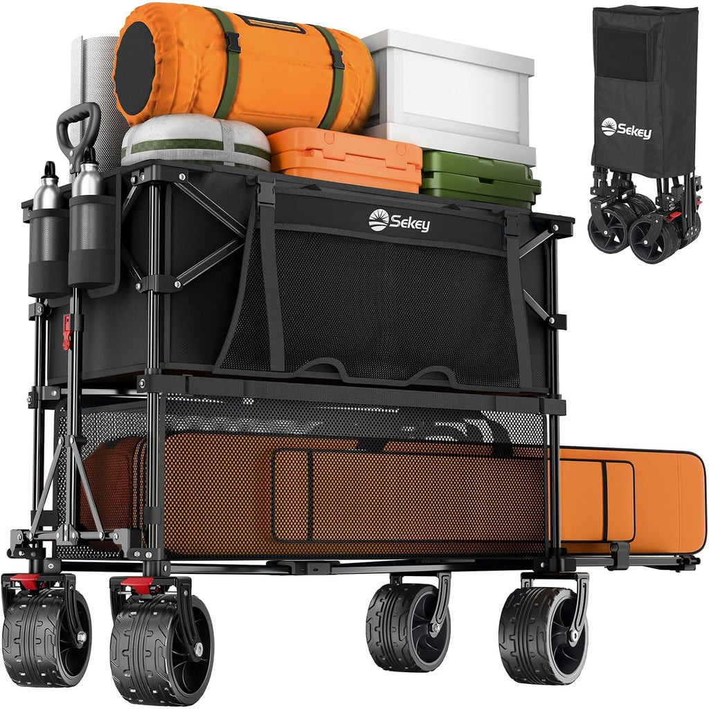 Sekey 500Lbs Heavy Duty Double Decker Wagon With Extender, 400L Large Capacity Collapsible Garden Cart Fits 10X10 Canopy, All-Terrain Big Wheels With Brakes, Foldable Utility Wagon For Sports, Camping