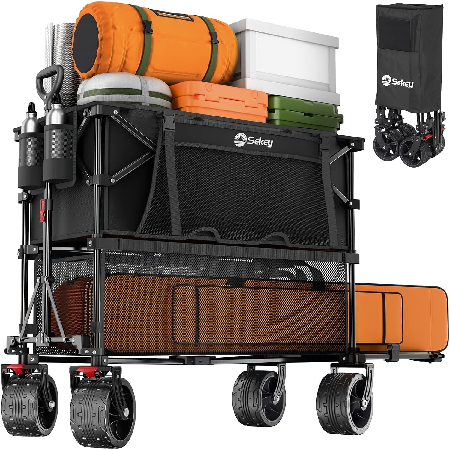 Sekey 500Lbs Heavy Duty Double Decker Wagon With Extender, 400L Large Capacity Collapsible Garden Cart Fits 10X10 Canopy, All-Terrain Big Wheels With Brakes, Foldable Utility Wagon For Sports, Camping