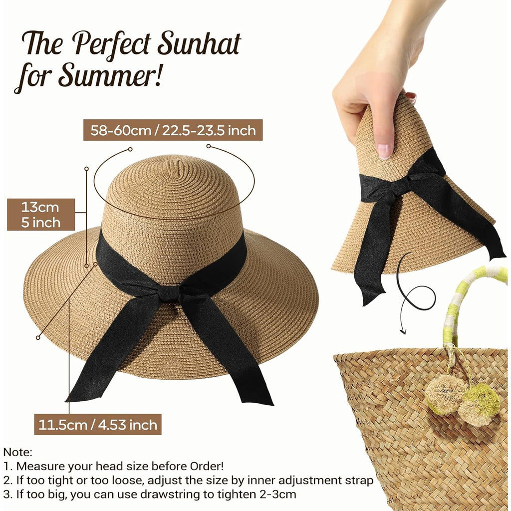 Sun Beach Hats for Women,Wide Brim Straw Hats Womens with Chin Strap, Foldable Woven Sun Hat UV Protection