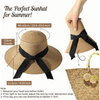 Sun Beach Hats for Women,Wide Brim Straw Hats Womens with Chin Strap, Foldable Woven Sun Hat UV Protection