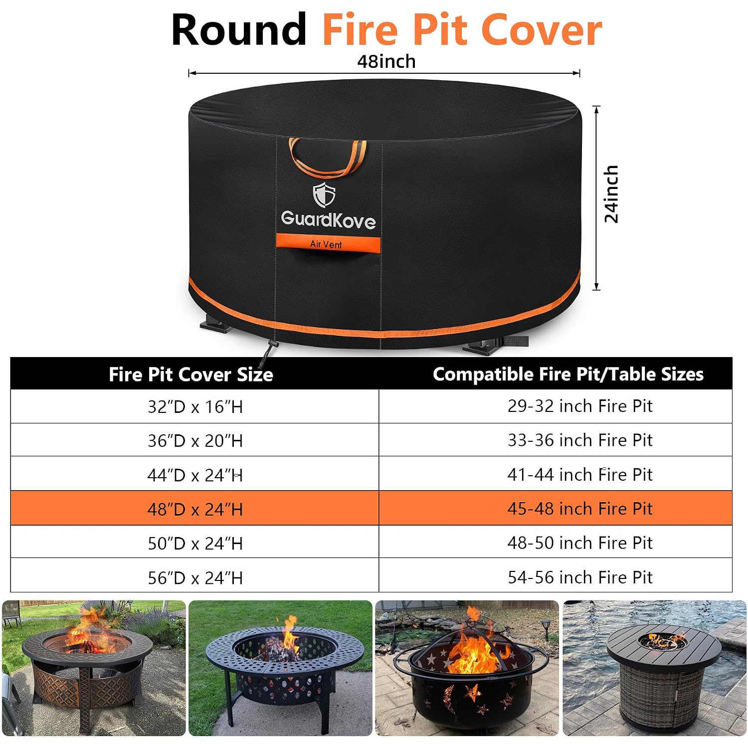 [Upgraded 1000D Heavy Duty Fabric] 48 Inch Fire Pit Cover Round For 46”- 48” Fire Pit/Tables, Waterproof Tear & Fade Resistant Firepit Cover With Buckle, Drawstring, Air Vent (48”D X 24”H, Black)