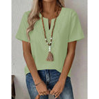 LOMON Womens Short Sleeve Tops Cotton Linen Shirts Loose Casual V Neck Lace Blouses Summer Vacation Clothes