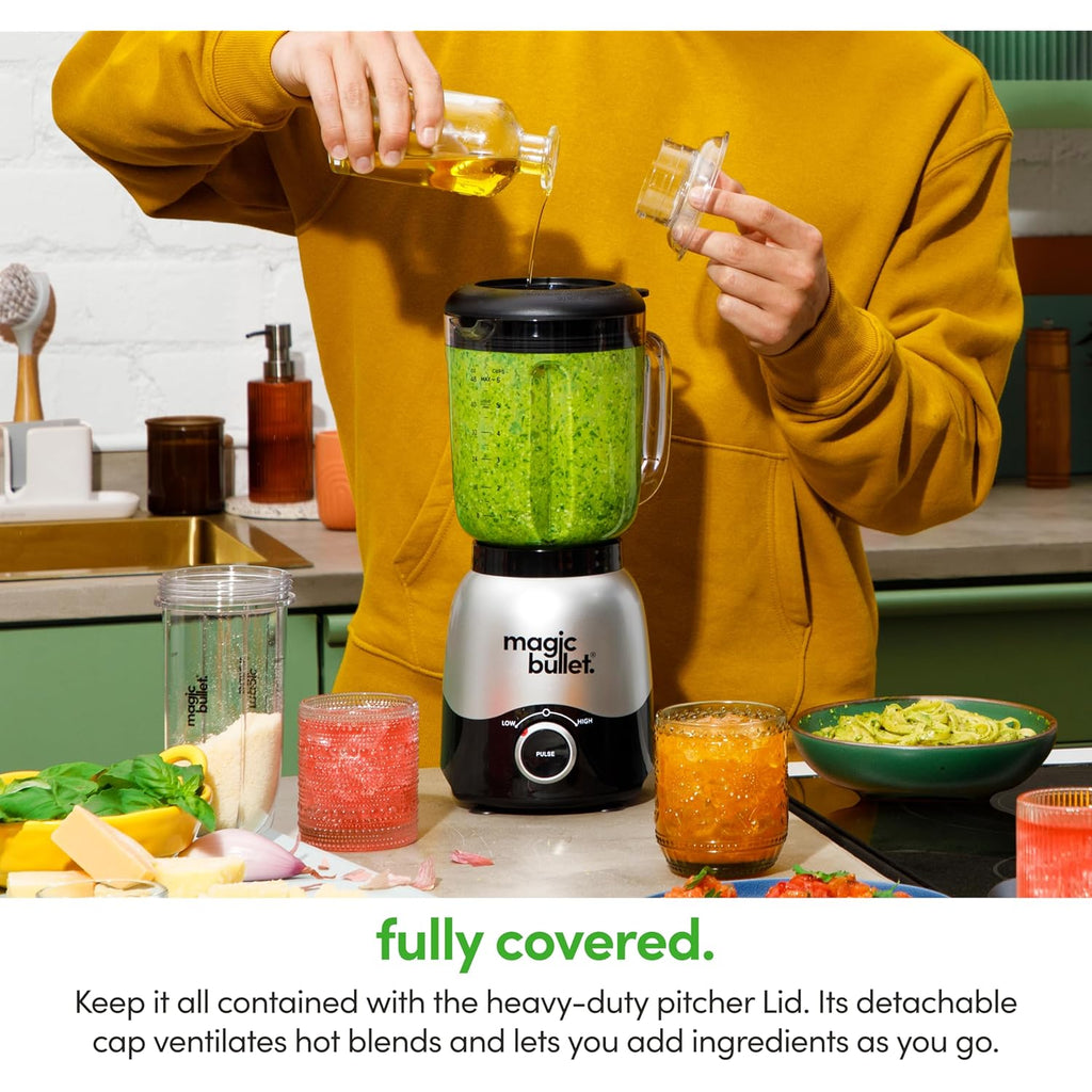 magic bullet Combo Blender, 600W, 48oz Pitcher, 16oz Cup with To-Go Lid, Easy Cleaning, Cross Blade, for Smoothies, Sauces, Shakes, Salsa, Hot Blends, Silver, MBF50200