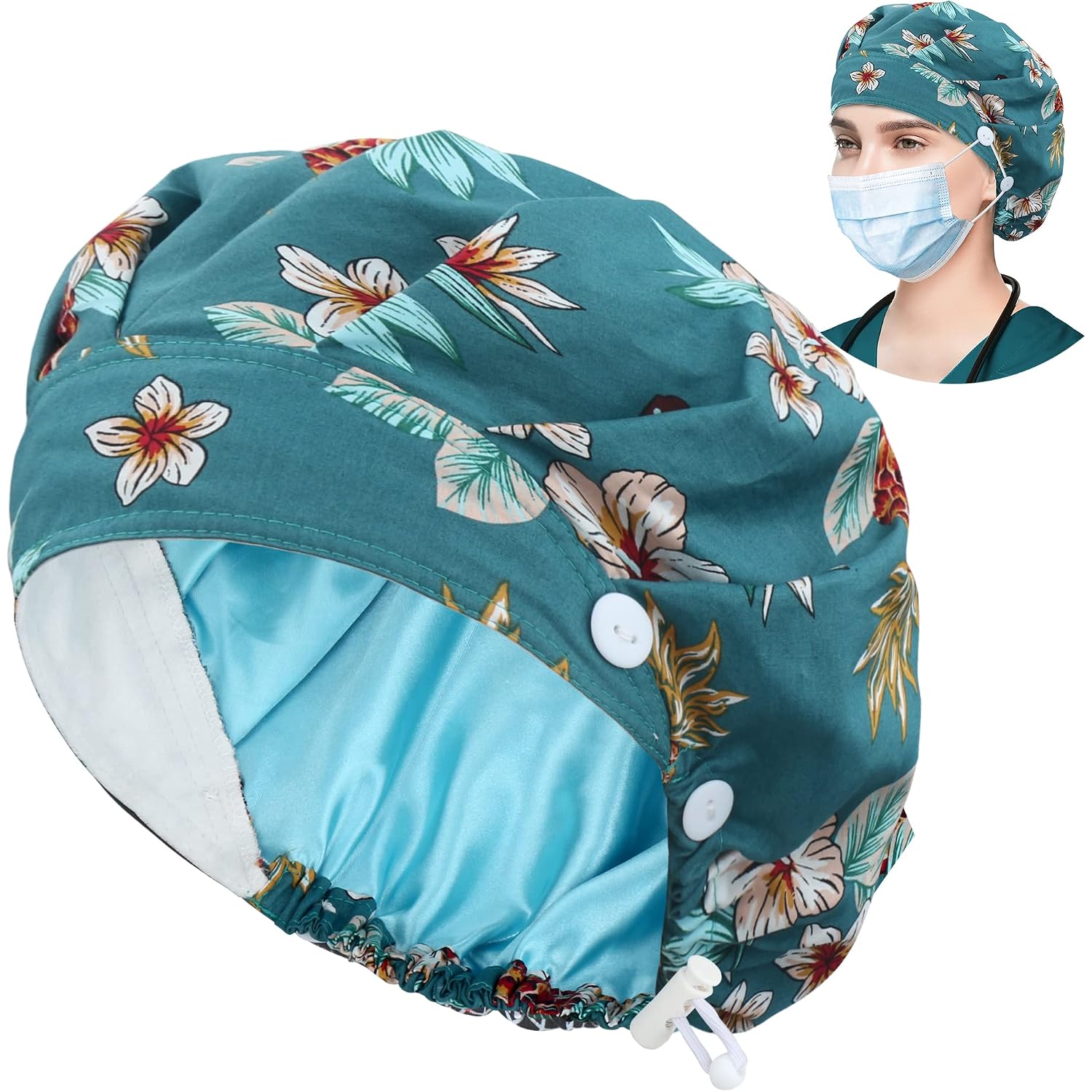 Bouffant Caps With Button And Sweatband, Adjustable Scrub Caps For Women Men, One Size Multi Color