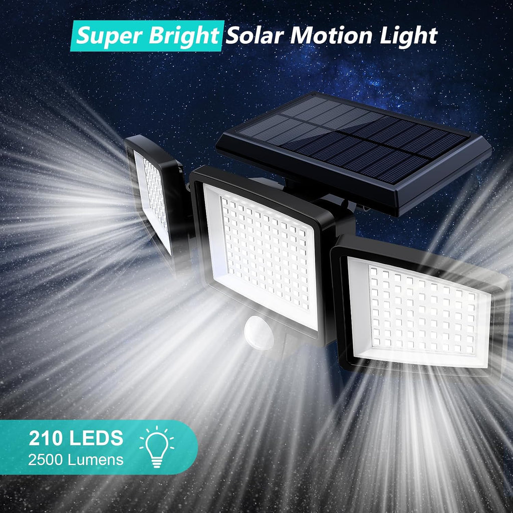 Tuffenough Solar Outdoor Lights 2500Lm 210 Led Security Lights With Remote Control,3 Heads Motion Sensor Lights, Ip65 Waterproof,270° Wide Angle Flood Wall Lights With 3 Modes(2 Packs)