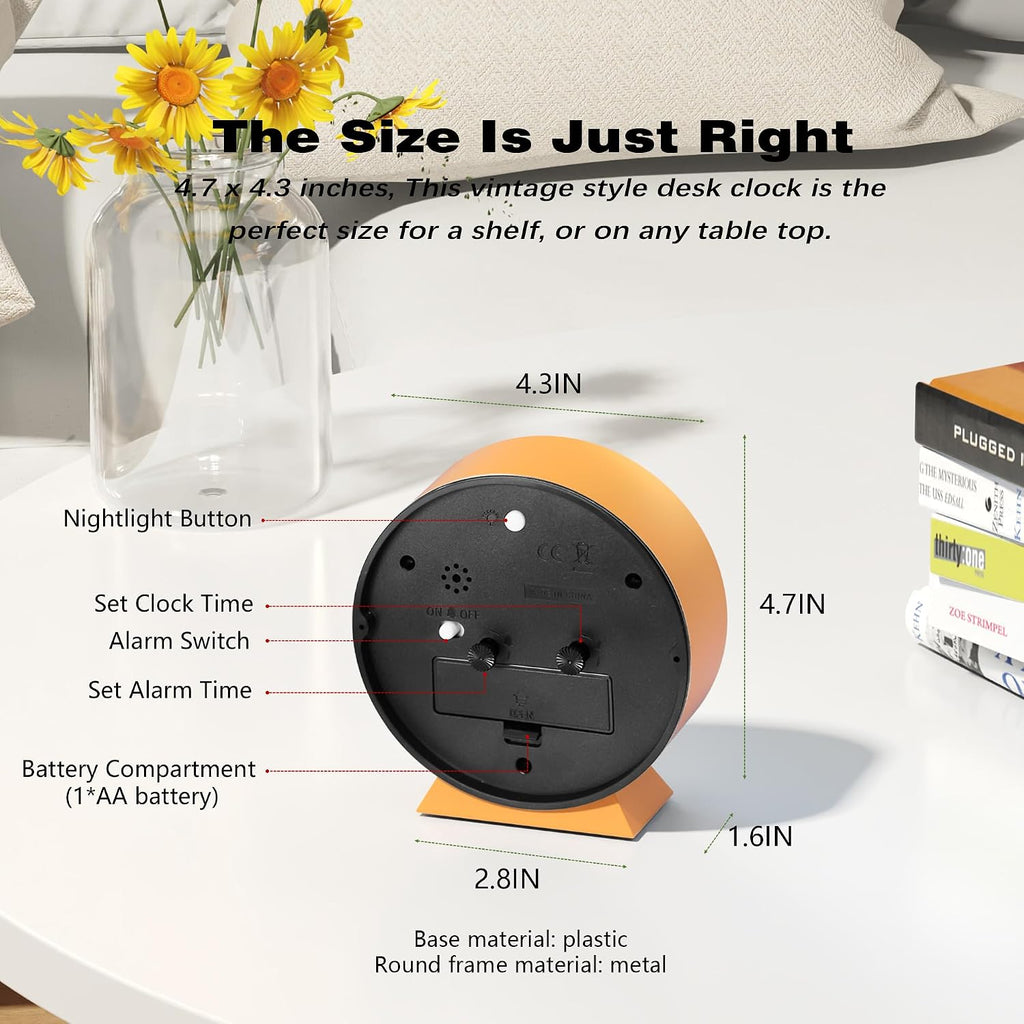 Ayrely® 4.5" Analog Alarm Clock,Small Retro Desk Clock Battery Operated,Silent Metal Table Clock With Light For Living Room Decor,Bedroom,Bedside,Shelf (Orange-Yellow)