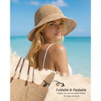 Senker Fashion Sun Hats for Women UV Protection Handmade Wide Brim Packable Straw Bucket Hat for Beach Summer Vacation Travel
