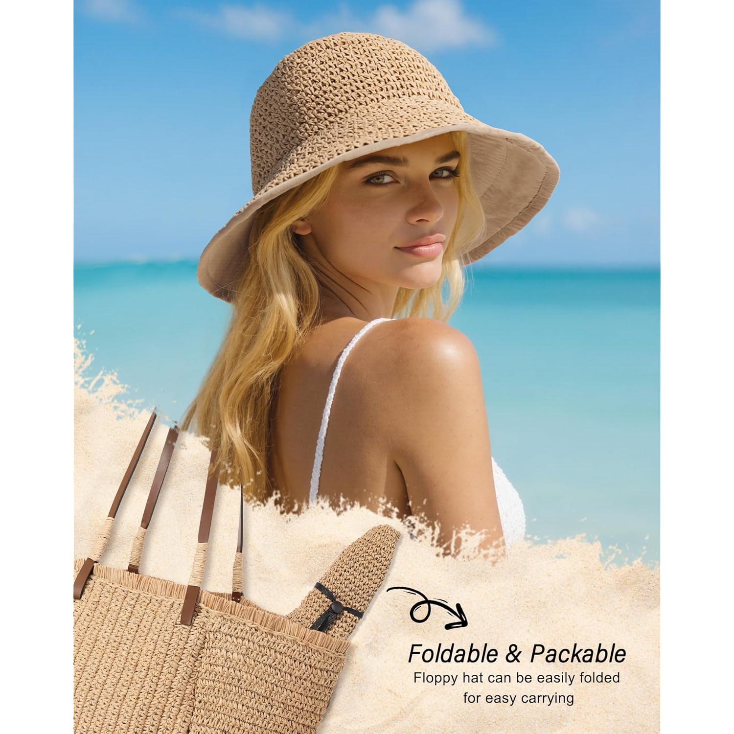 Senker Fashion Sun Hats for Women UV Protection Handmade Wide Brim Packable Straw Bucket Hat for Beach Summer Vacation Travel