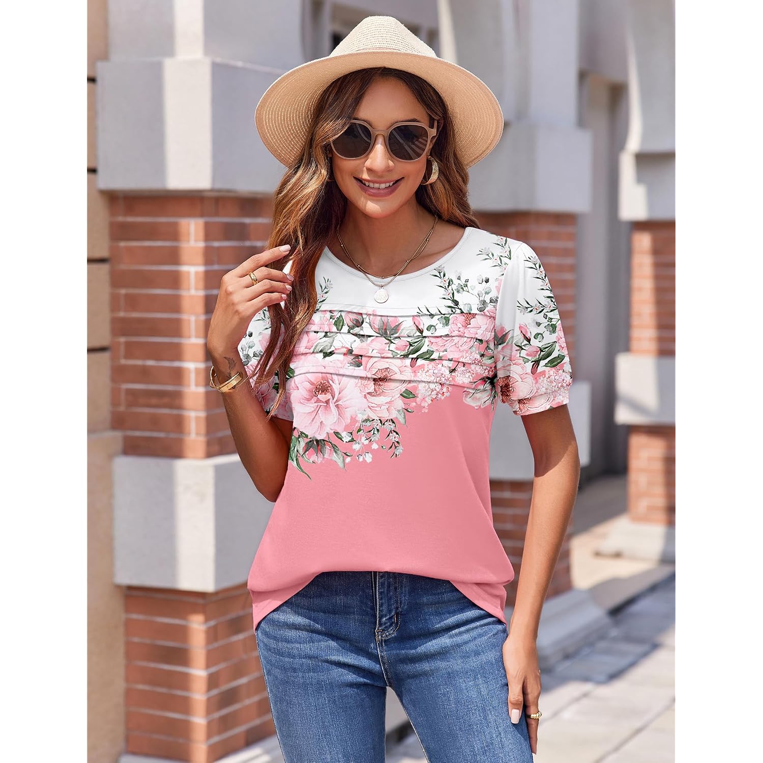 Zeagoo Womens Short Sleeve Tops Floral Boho Shirts Pleated Crewneck Summer Outfit Puff Sleeve Blouses Casual Tunic