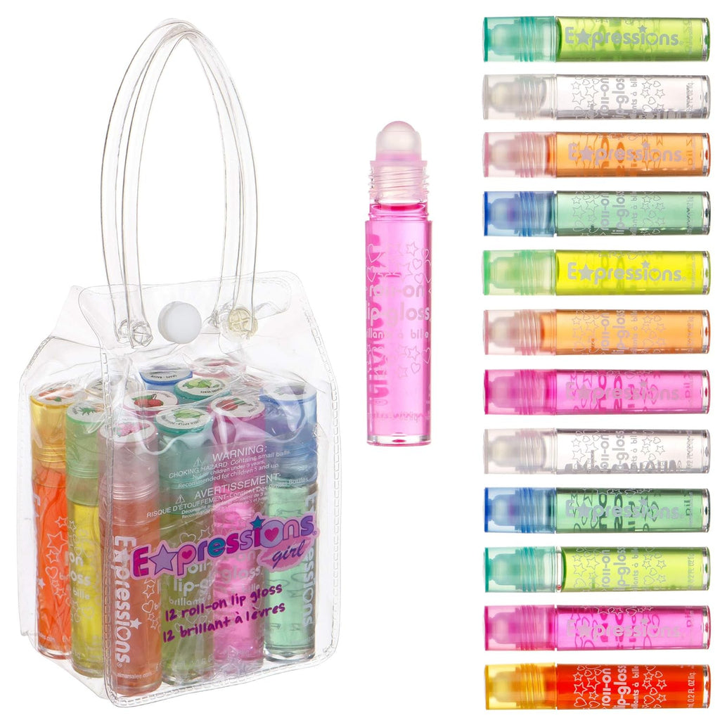 Expressions girl 12pc Roll-On Lip Gloss Set with Carrying Case – Fruity Non-Toxic Glossy Lip Makeup for Kids & Teens | Kid-Friendly Party & Best Friends Gift Set for Girls – So Fun