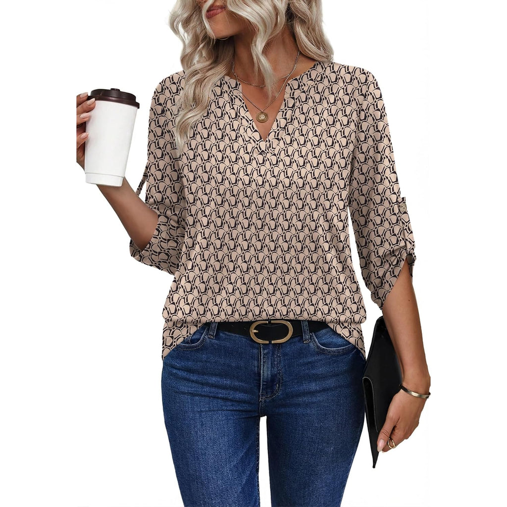 Xieerduo 3/4 Length Sleeve Womens Tops V Neck T Shirts Both Side Buttons Blouses Business Casual Outfits Loose Fit
