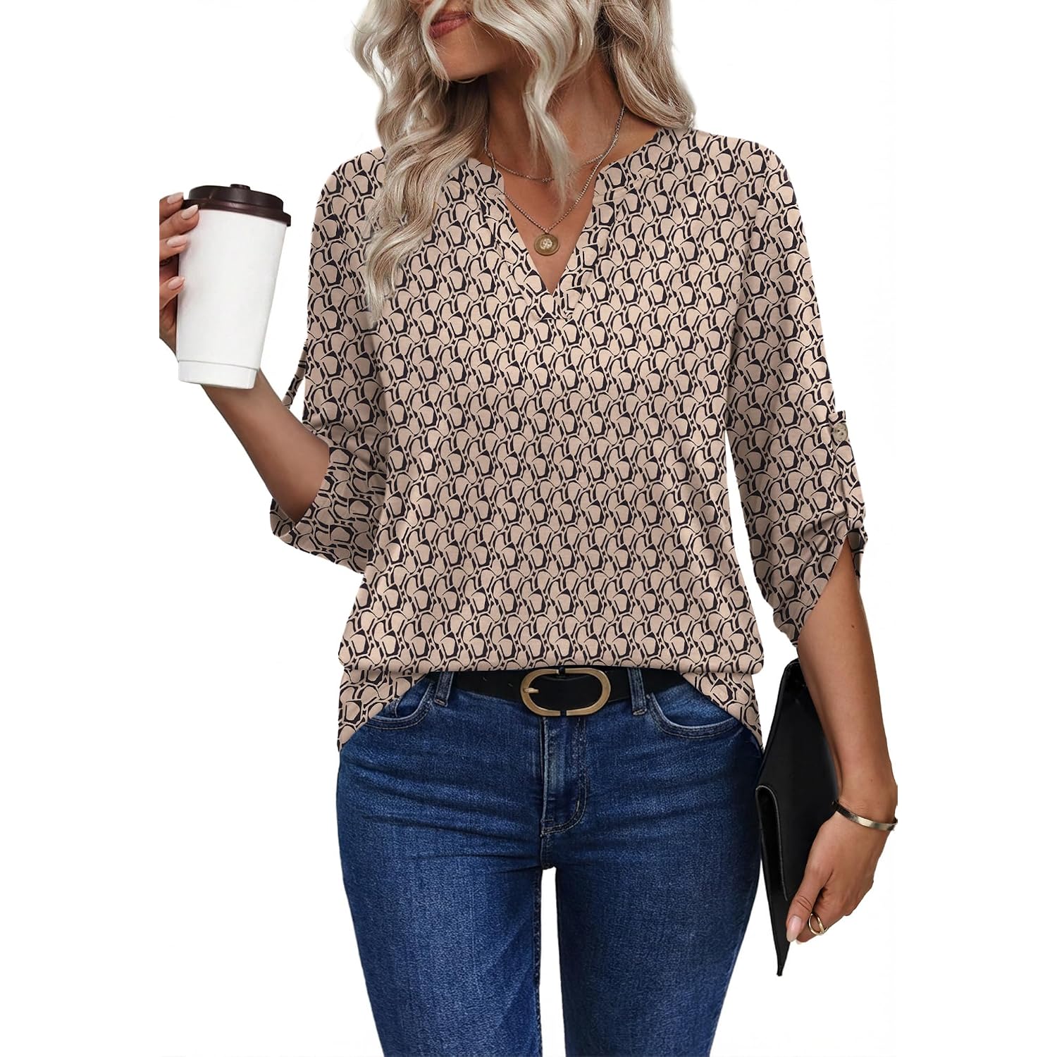 Xieerduo 3/4 Length Sleeve Womens Tops V Neck T Shirts Both Side Buttons Blouses Business Casual Outfits Loose Fit