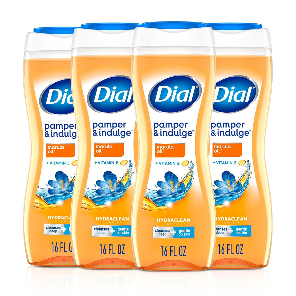 Dial Body Wash, Pamper & Indulge Marula Oil, 16 Fl Oz (Pack Of 4), Hydraclean Complex & Vitamin E, Gentle, Leaves Skin Feeling Nourished, Dermatologist-Tested, No Parabens & Sulfates