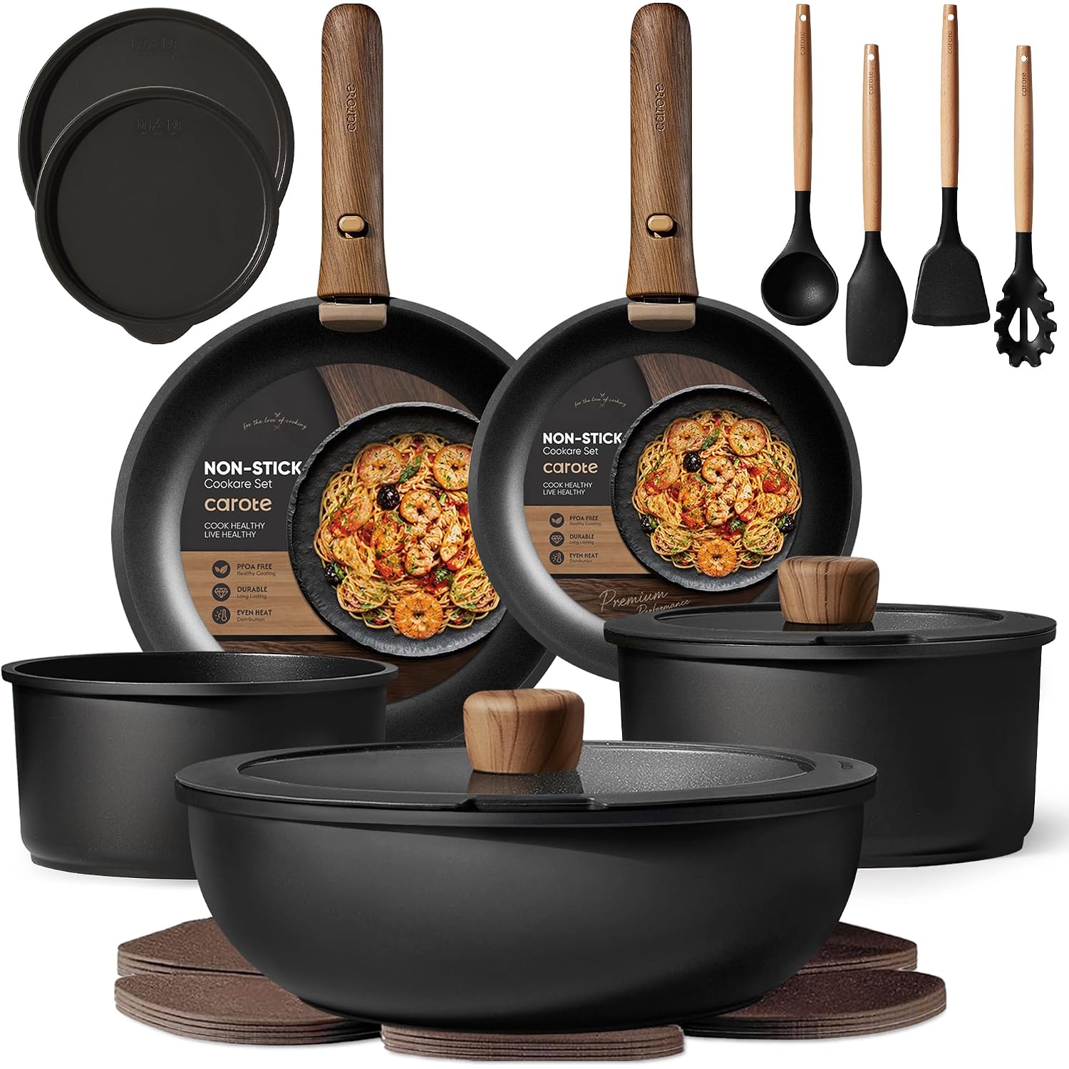 Carote 19Pcs Pots And Pans Non Stick, Cookware Sets Detachable Handle, Induction Kitchen Pots And Pans,Nonstick Cooking Set, Oven/Dishwasher/Fridge Safe, Space Saving