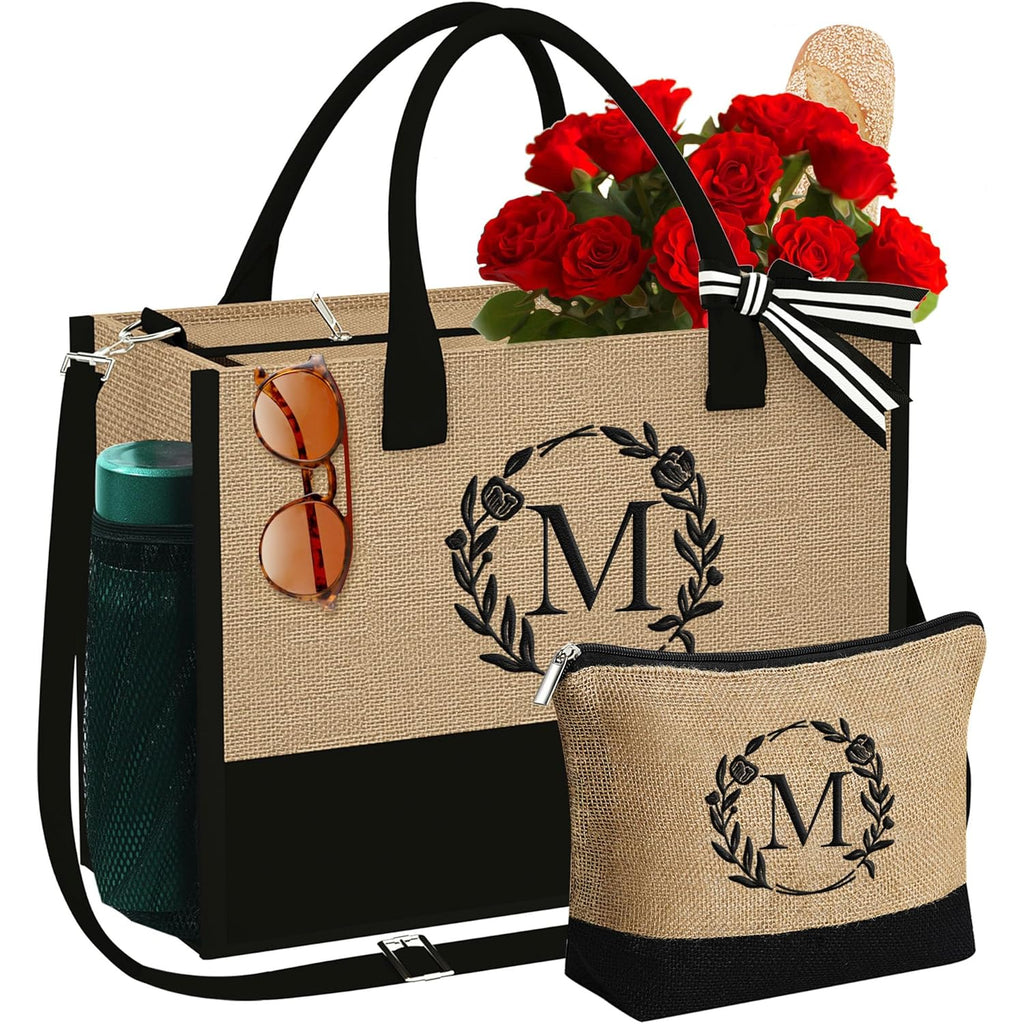 YOOLIFE Personalized Gifts for Women - Initial Jute Tote Bag & Makeup Bag, Birthday Gifts for Women Mom Wife Teacher Friend