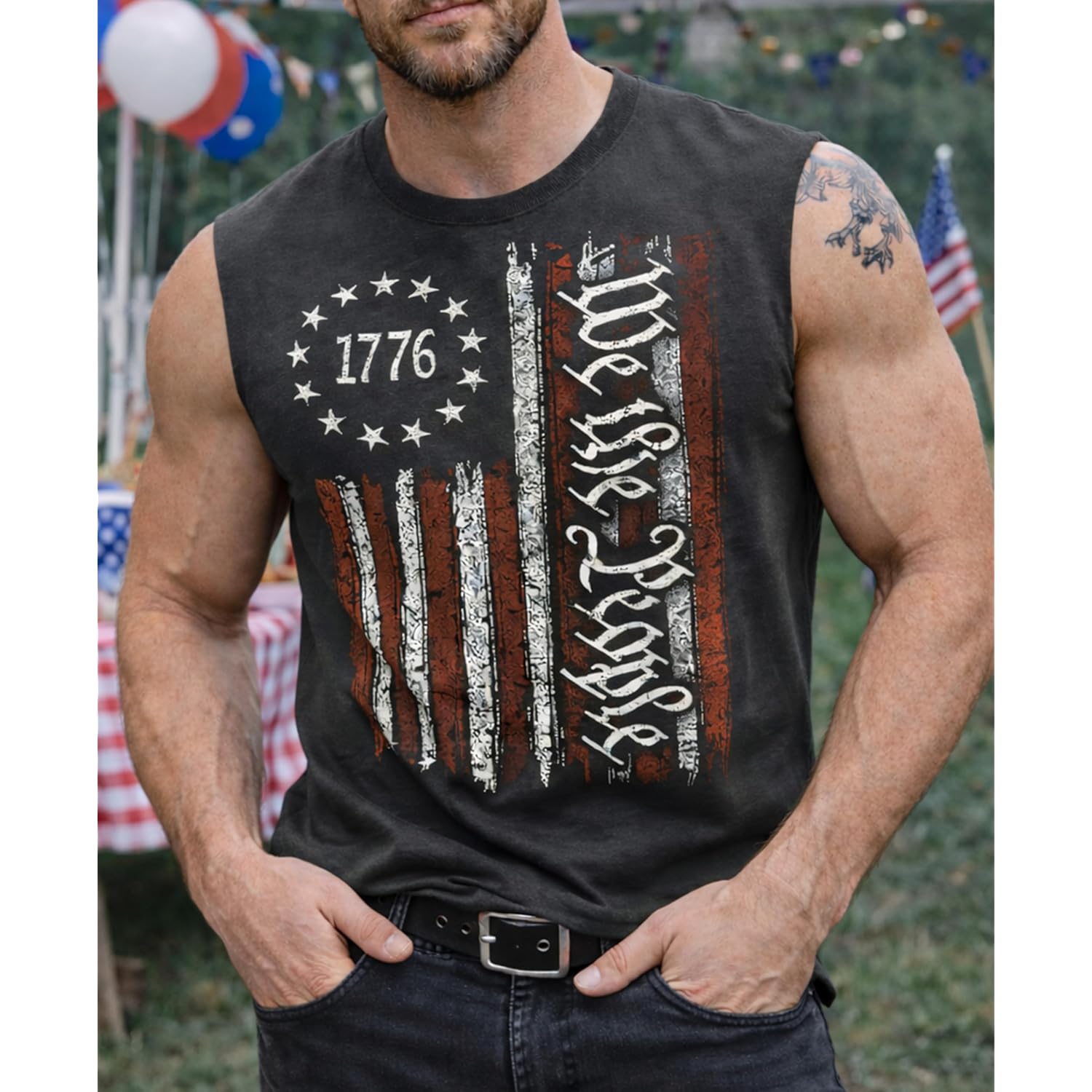 4th of July Shirts Mens Muscle Tank Top 1776 Sleeveless Graphic Gym Workout American Flag Shirt