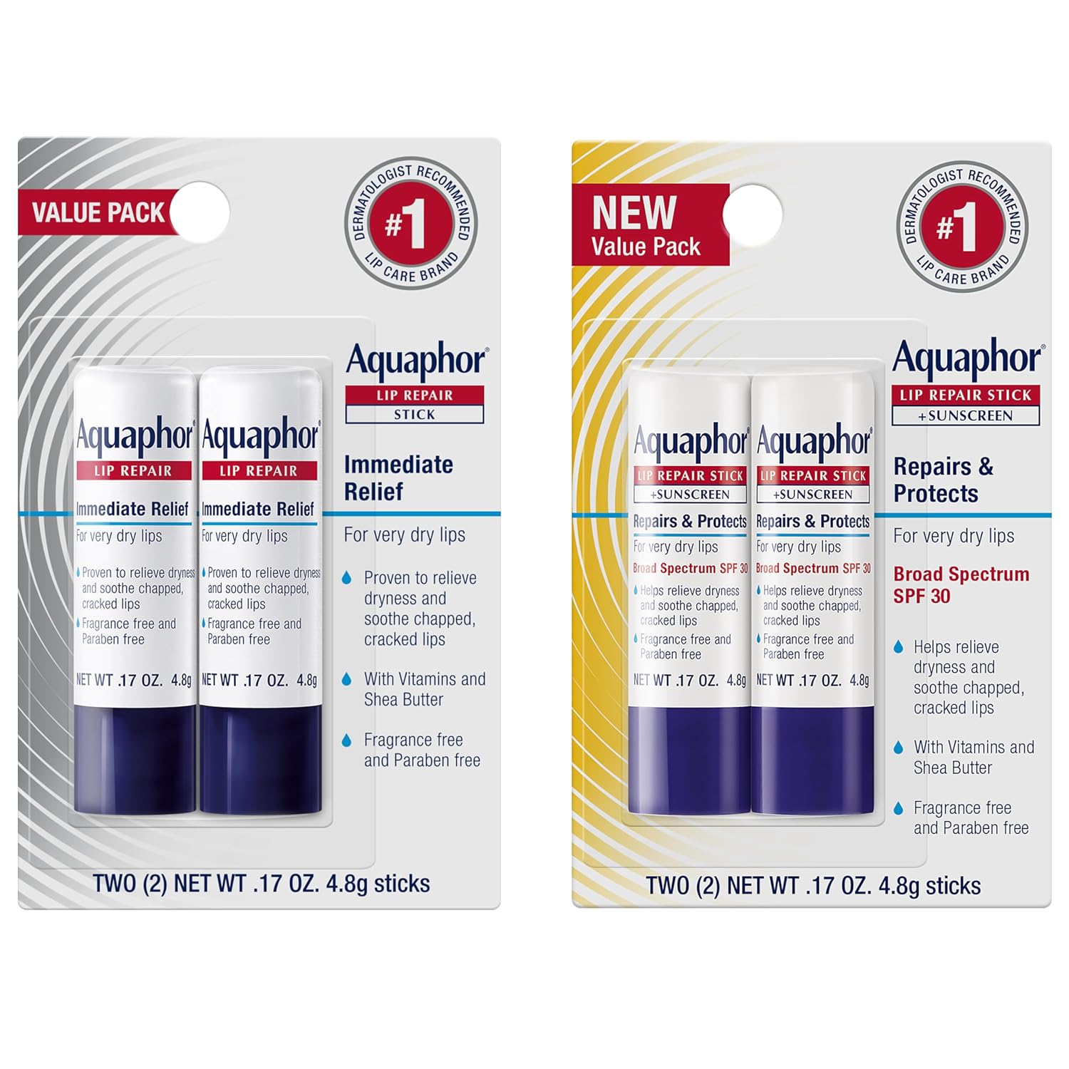 Aquaphor Lip Balm Set With Jojoba Oil And Shea Butter, Lip Repair Stick (2 X 0.17 Oz) + Repair Stick With Sunscreen Spf 30 (2 X 0.17 Oz), Fragrance Free, Paraben Free, Immediately Relieves Dryness