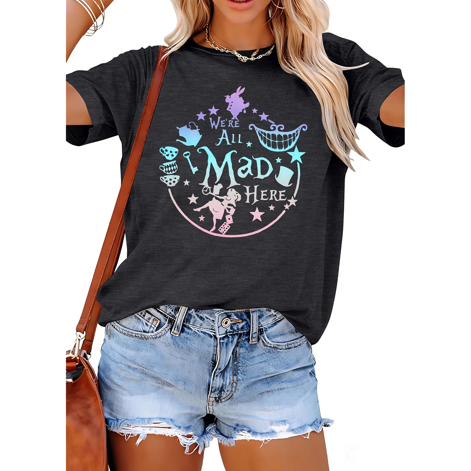 ASTANFY We're All Mad Here Shirt Women Magical Graphic Tees Cute Vacation Tops Casual Short Sleeve Shirts A-black Grey