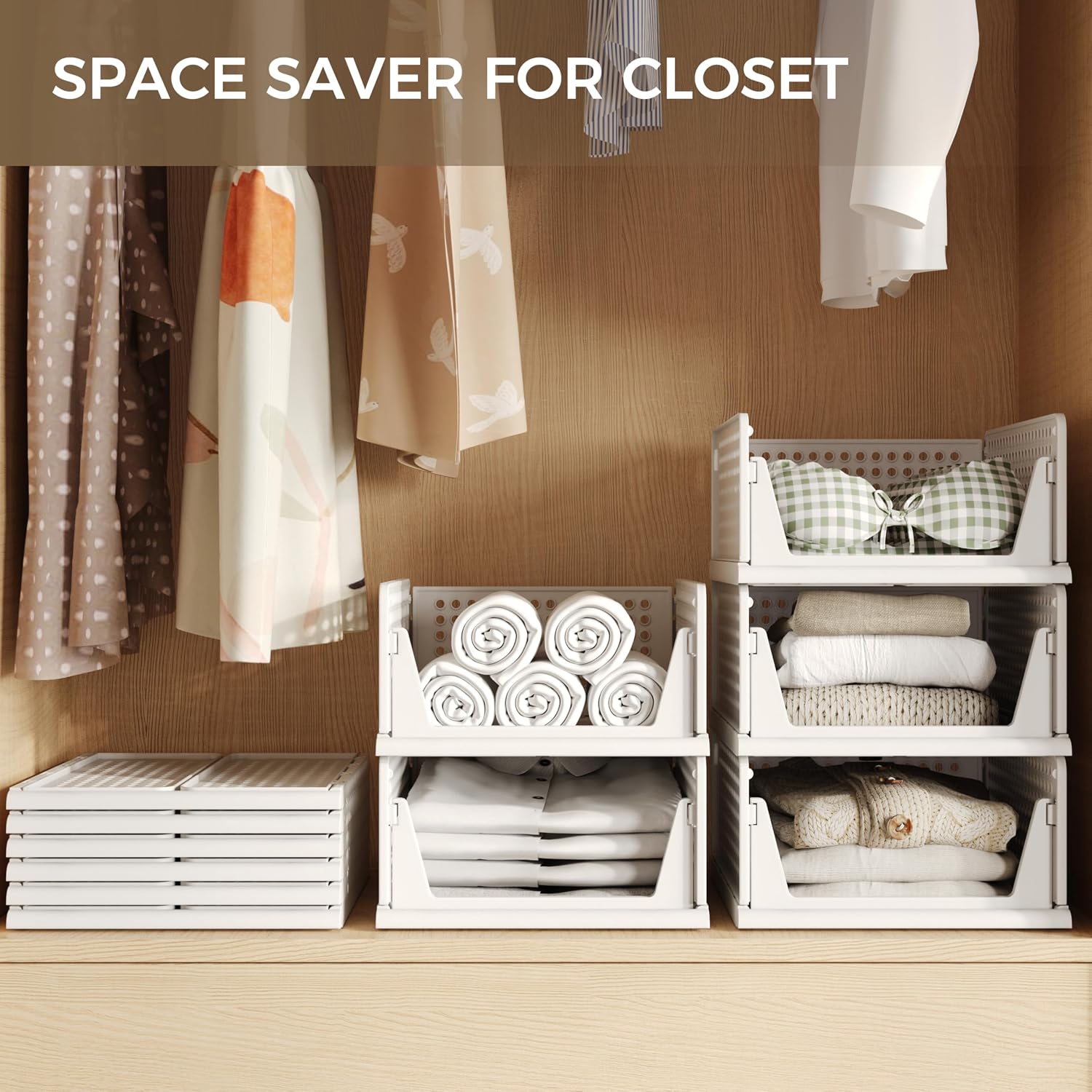 6 Pack Closet Organizers Storage Bins, Stackable Plastic Drawer Basket For Clothing, Stackable Storage Bins Shelf Storage Container For Closet Wardrobe Bedroom Bathroom Office White