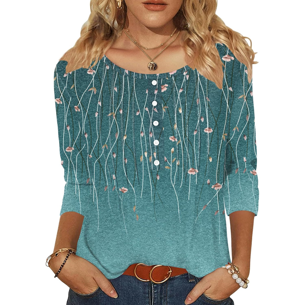 3/4 Length Sleeve Womens Tops Round Neck Casual Summer Tunic Tops Basic Tees Blouses Dressy T-Shirts Pleated Shirts